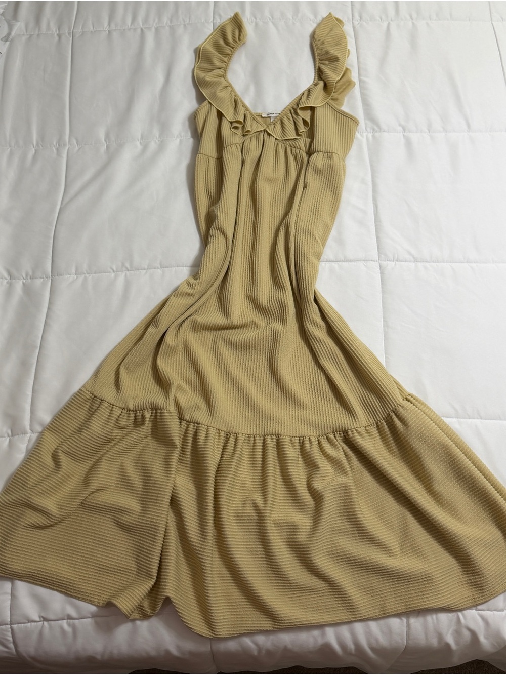 Caution To The Wind Ruffled Maxi Dress in Light Khaki